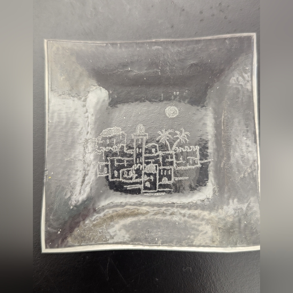 Jerusalem Skyline Glass Trinket Dish Art Piece Hand Engraved 4"X4"